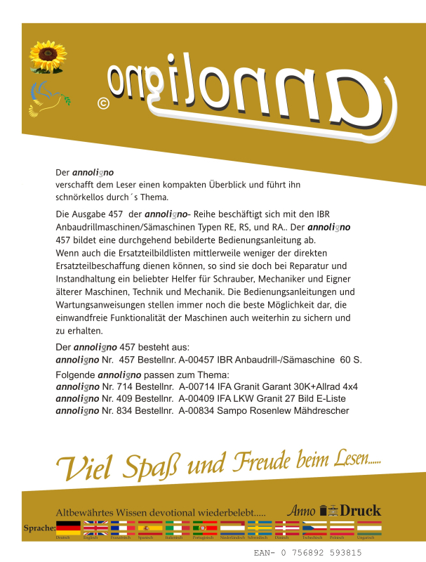 IBR Anbaudrillmaschinen/Sämaschinen Typen RE & RS & RA Bild Bedienungsanleitung & Wartungsanleitung - annoligno 457